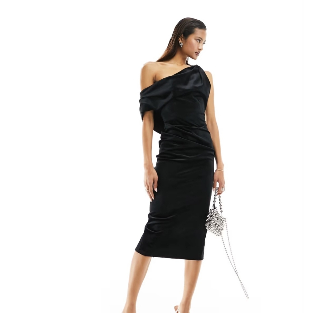 NWT ASOS Design velvet fallen shoulder evening wedding Midi dress in black sz 14